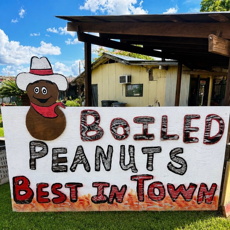 Wooden roadside sign advertising boiled peanuts with a cartoon peanut character wearing a cowboy hat and red bandana, set on grass in front of farm buildings