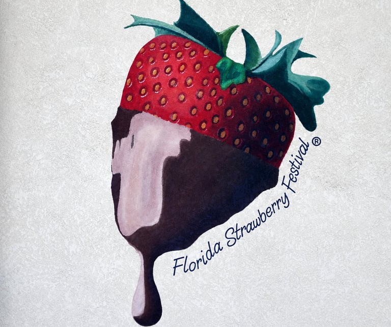 Chocolate-dipped strawberry with green leaves and Florida Strawberry Festival text logo
