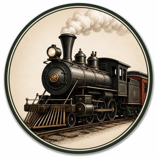 Vintage steam locomotive with smoke billowing from chimney, depicted in a circular frame with cream background