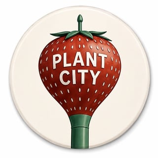 Red strawberry with green stem and leaves on cream background, text PLANT CITY in white across the fruit