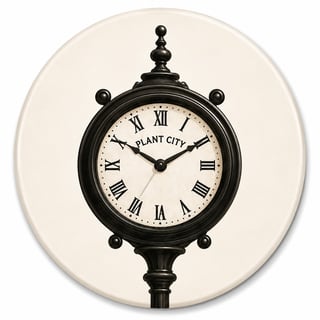 Black vintage street clock with Roman numerals and Plant City text on cream circular wall mount