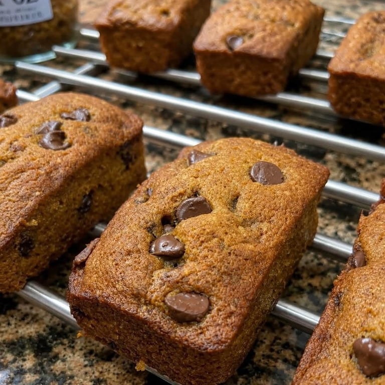 Freshly baked chocolate chip loaf cakes cooling on a wire rack
