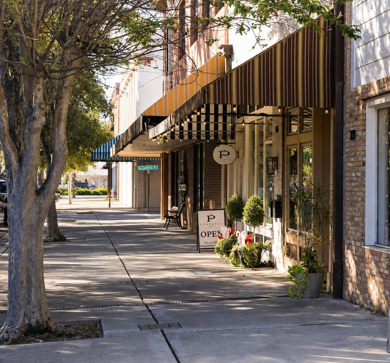 Sunny downtown street with brick storefronts, wooden awning, and large tree casting shadows on the sidewalk
