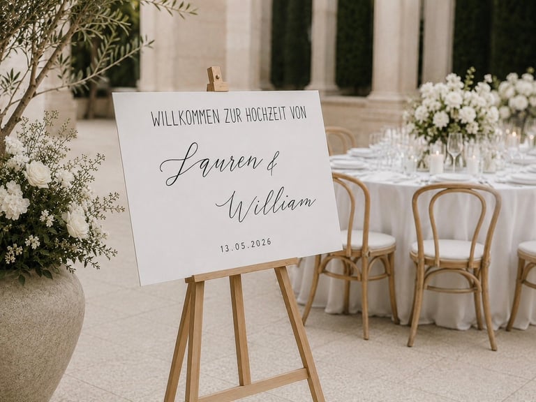 Wedding welcome sign on easel with Lauren and William names, elegant reception venue with white flowers and wooden chairs in background