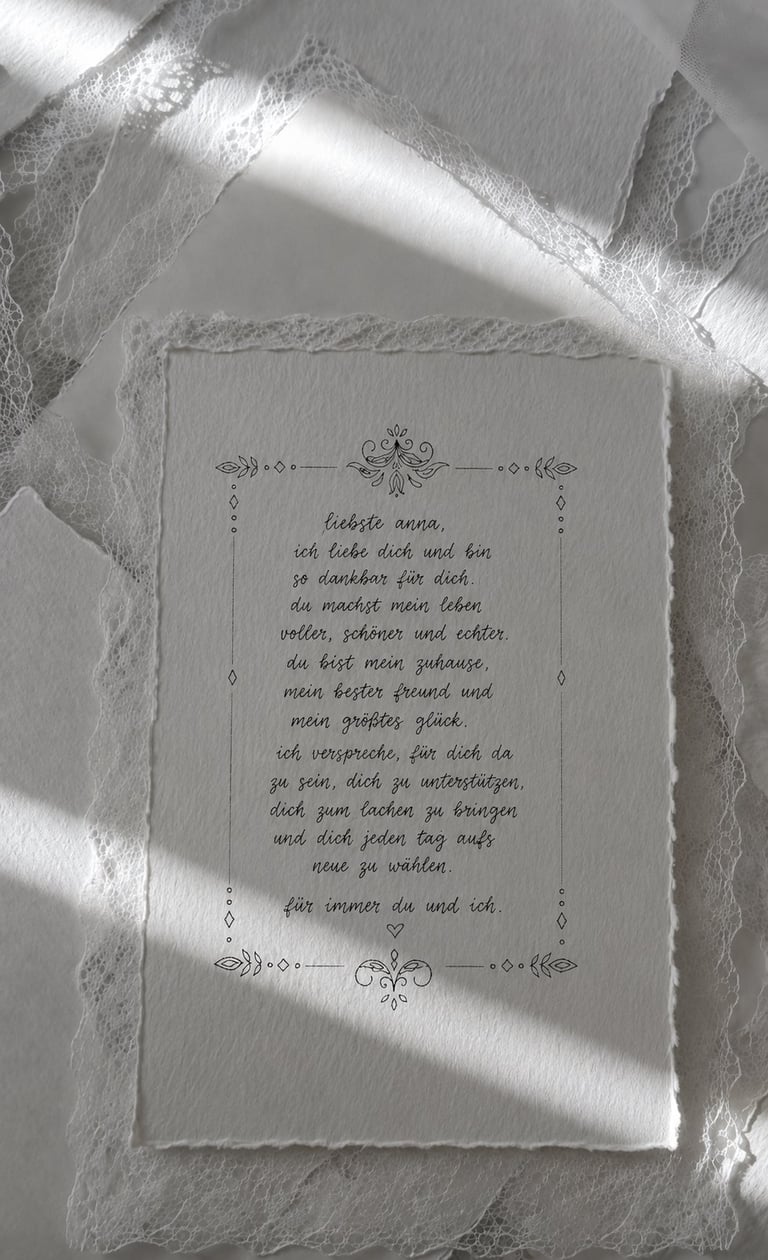 Handwritten German poem on cream paper with decorative borders, placed on white lace with ribbon and sunlight casting shadows