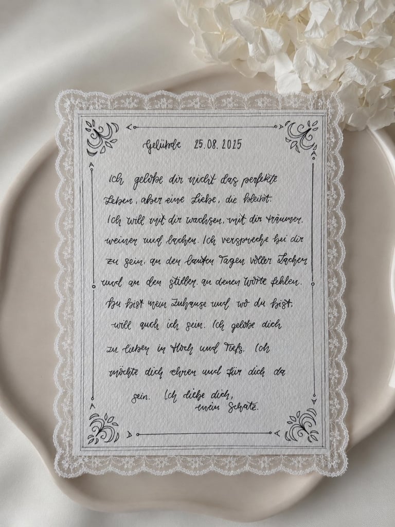 Handwritten German text on lace-bordered card dated 25.09.1915, placed on white plate with white flowers above