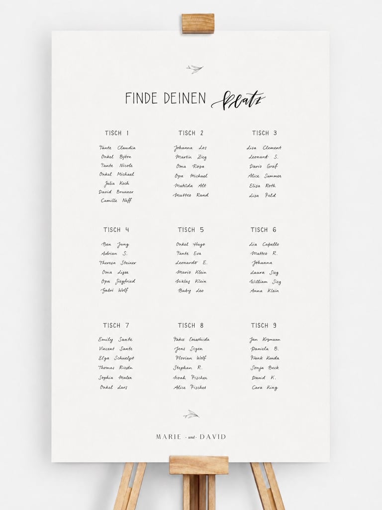 Seating chart displayed on white poster with table assignments for Marie and Davids wedding, held by wooden clamps
