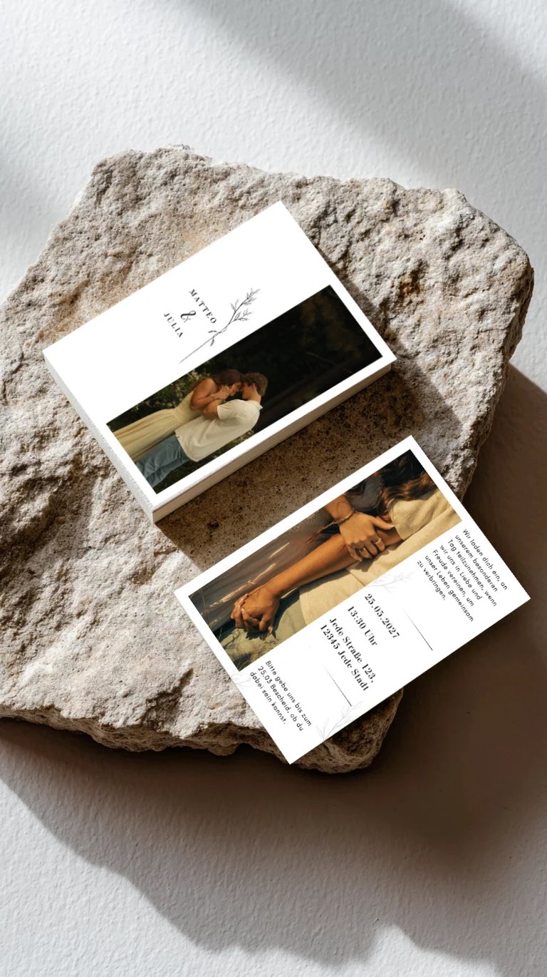 Two printed polaroid-style photos arranged on a textured beige stone against white background in natural sunlight