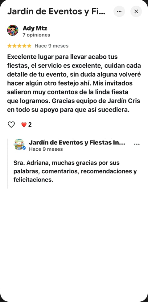 Reseña de Google de Ady Mtz sobre Jardín de Eventos y Fiestas con calificación de 5 estrellas