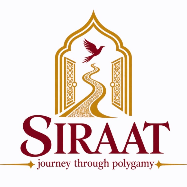 Siraat logo featuring Islamic architecture with a bird, winding path, and text reading journey through polygamy