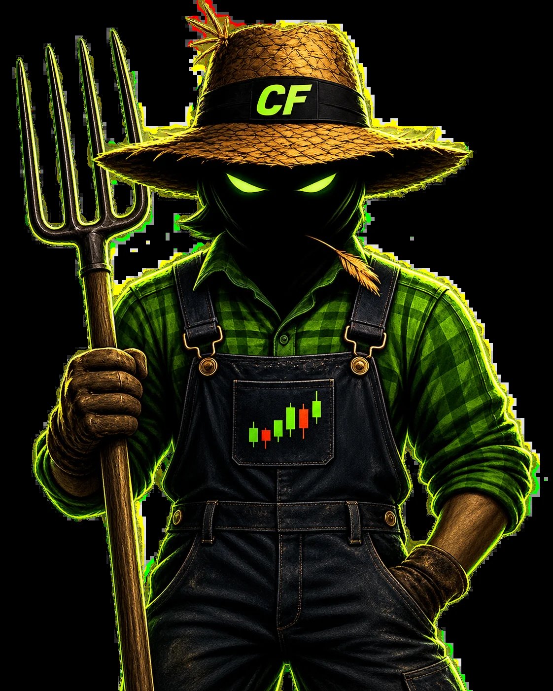Candle Farmer Pro mascot in a straw hat with glowing green eyes
