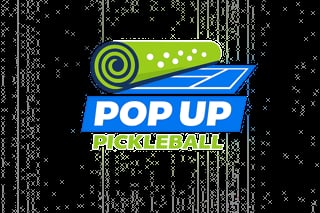 Pop Up Pickleball logo with yellow paddle, blue court, and text on pixelated background