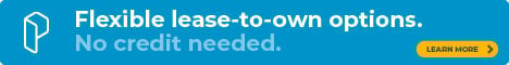 Promotional banner advertising flexible lease-to-own options with no credit needed, featuring a Learn More button