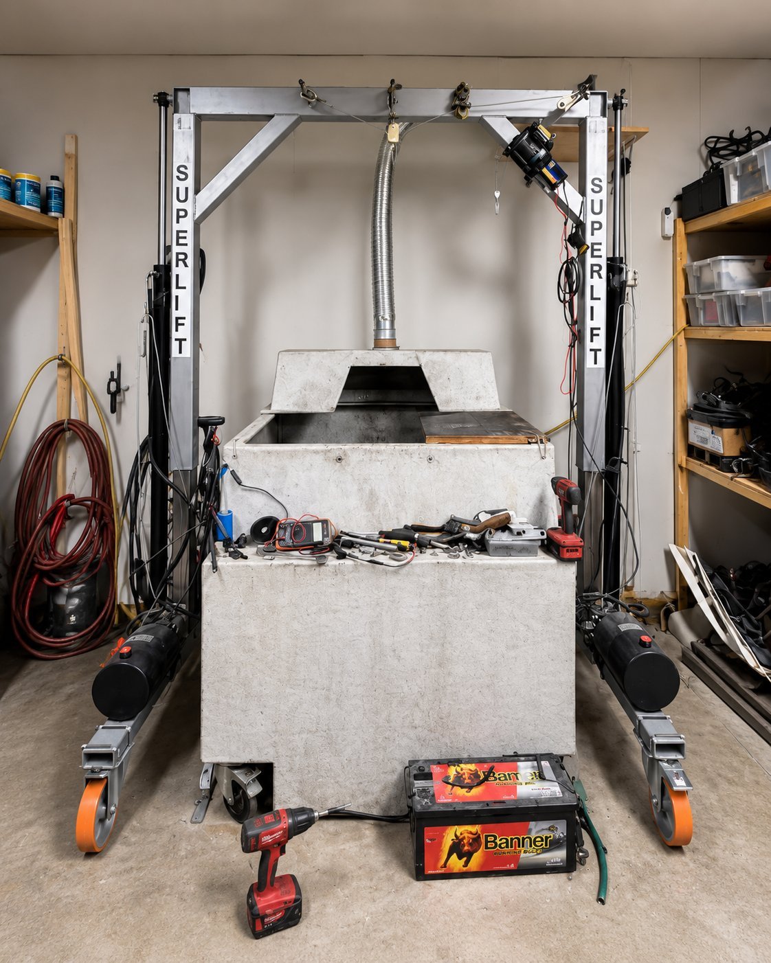 Garage workshop with two-post automotive lift holding a white truck frame and various tools including battery chargers and power tools on the floor.