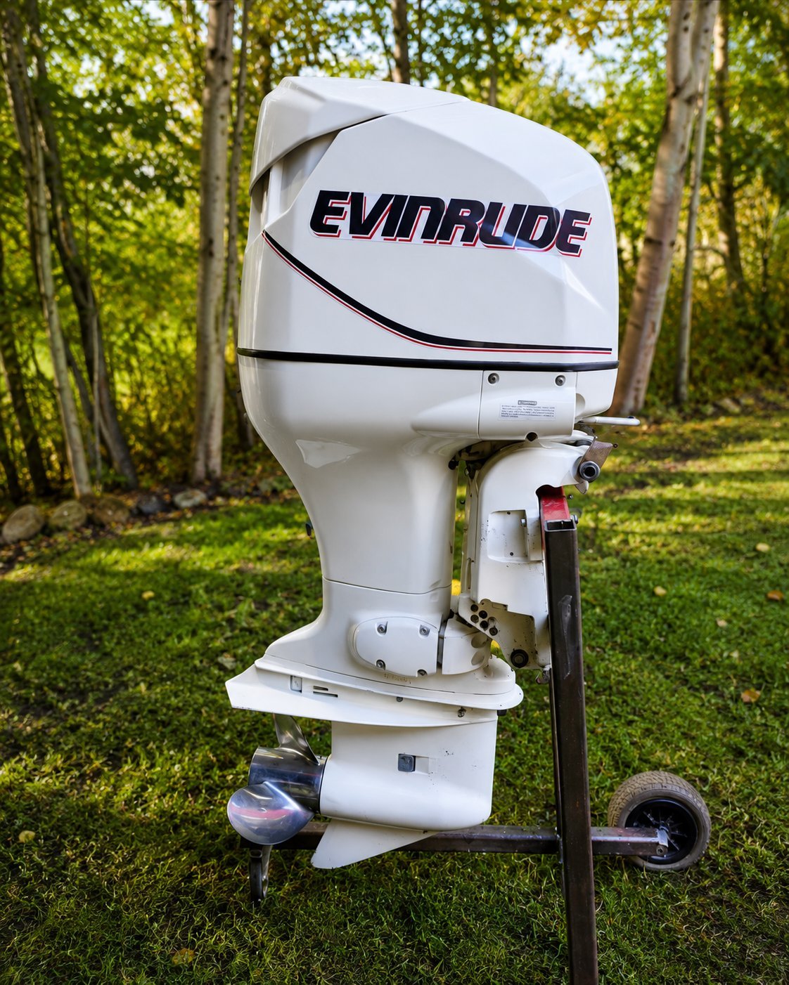 White Evinrude outboard motor mounted on grass with forested background.