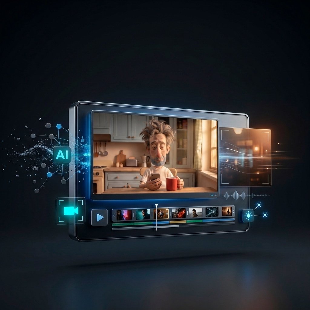 Interfaz de edición de video con IA en un smartphone con efectos digitales brillantes