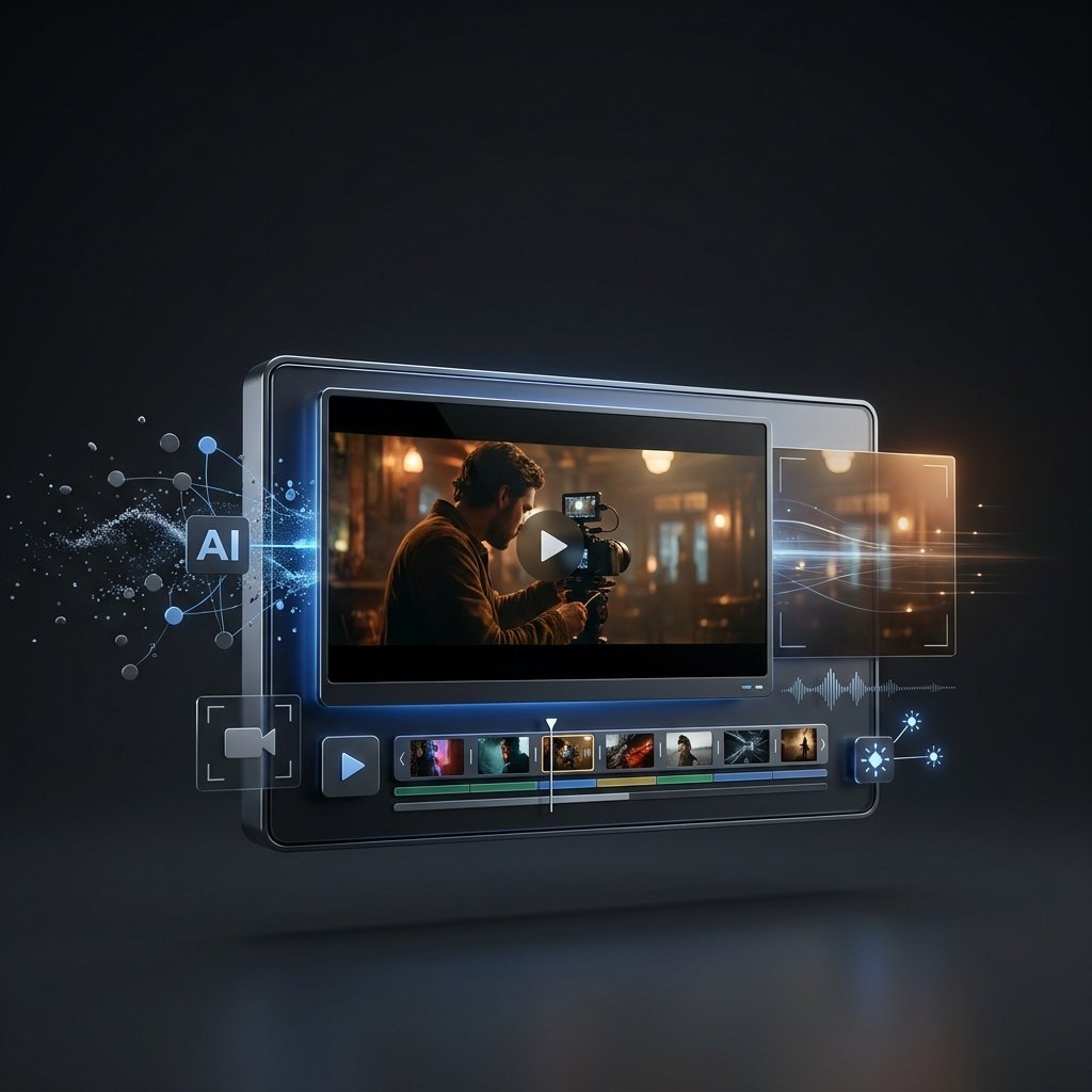 Software de edición de video con IA sobre fondo oscuro