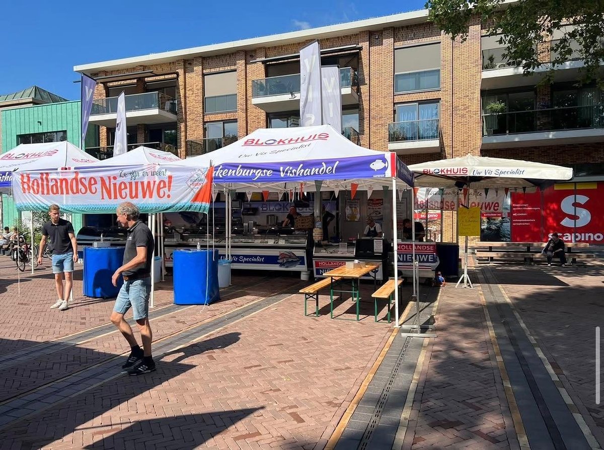 De marktkraam van Vishandel Blokhuis met Hollandse Nieuwe op het marktplein