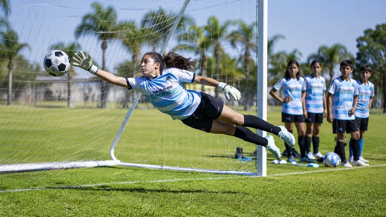 Young soccer player in blue uniform diving horizontally to catch a soccer ball during a penalty kick with teammates watching in background