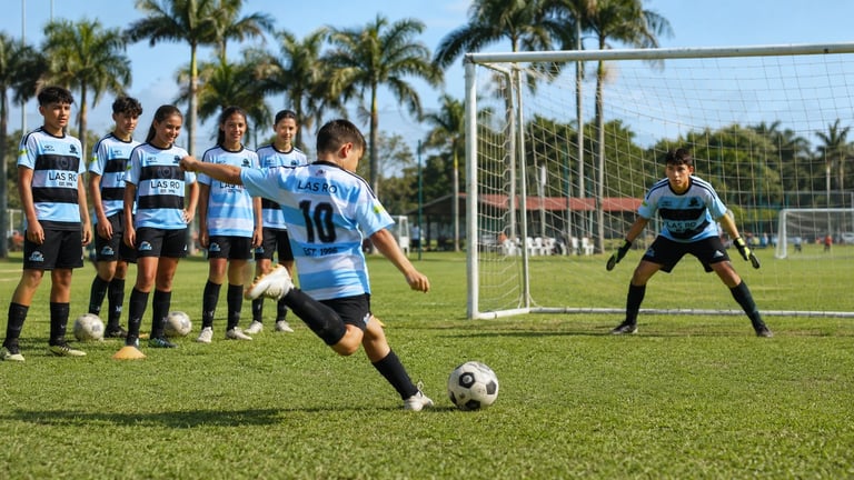 Young soccer player in light blue jersey taking a penalty kick toward goal while teammates and opposing goalkeeper watch