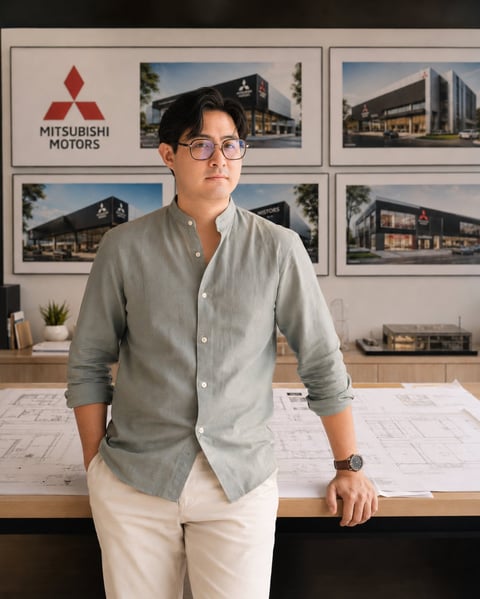 Man in light blue button-up shirt and glasses leaning against desk at Mitsubishi Motors showroom with architectural renderings in background