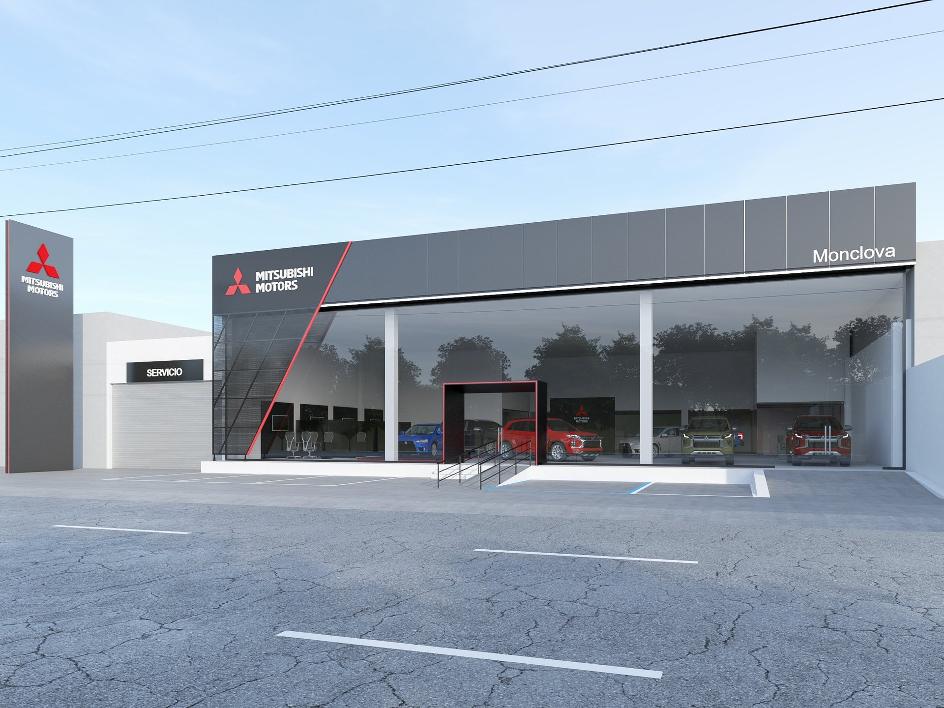 Modern Mitsubishi Motors dealership building with gray and white exterior, red accents, large storefront windows, and red vehicles visible inside
