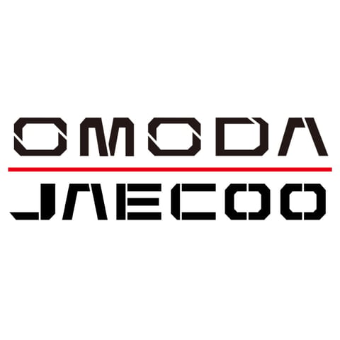 Omoda Jaecoo logo with stacked black lettering and red horizontal line separator