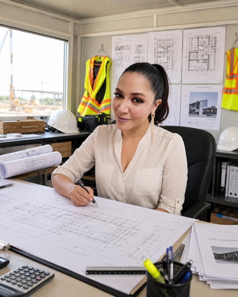 Female architect working on blueprints at desk in office with architectural plans and safety gear displayed