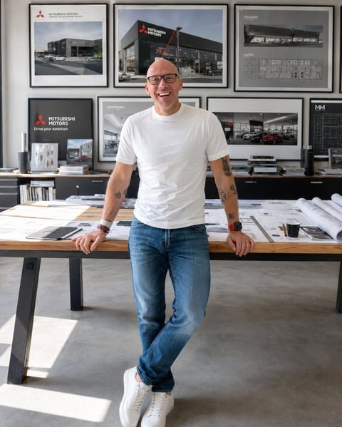 Bald man with glasses leaning against wooden desk in modern office with framed architectural photographs on walls behind him