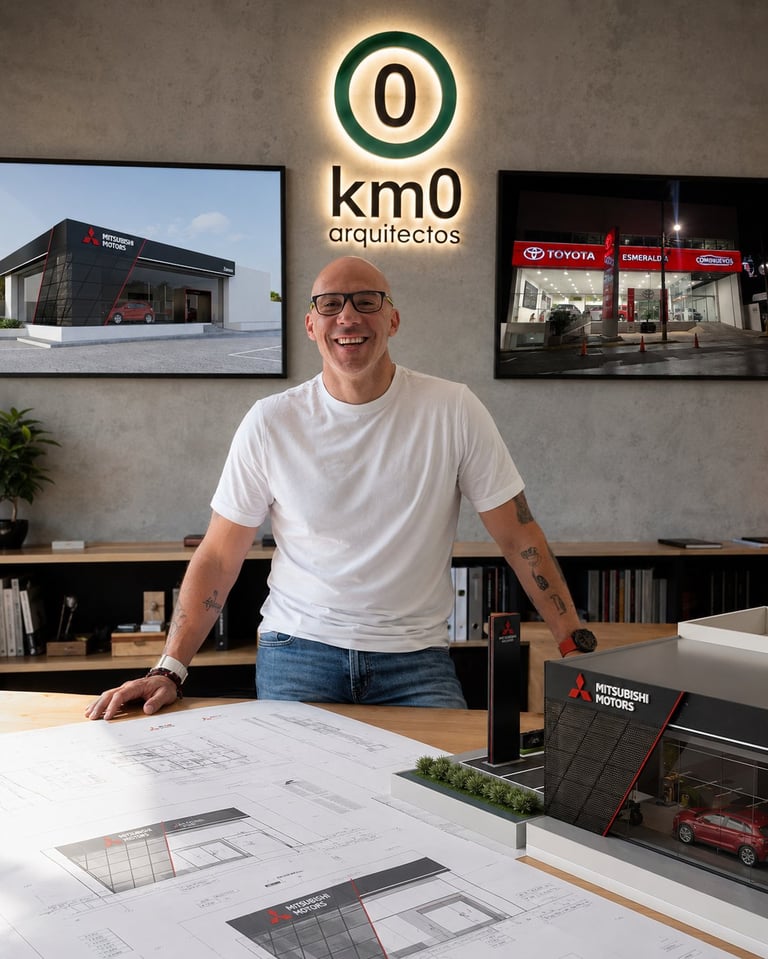 Man in white shirt standing at desk with architectural plans in office under km0 arquitectos logo, with project images displayed on wall