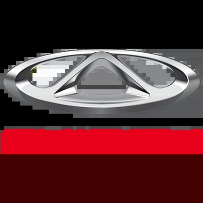 Chery automobile brand logo featuring a stylized silver emblem above red and dark bands
