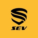 SEV logo - black shield with curved lines on yellow background