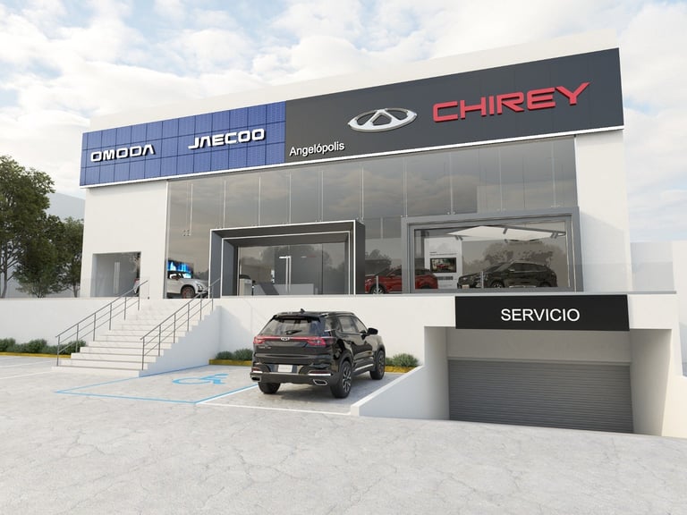 Modern automotive dealership showroom with Chirey branding, large glass windows, and a black car parked in front