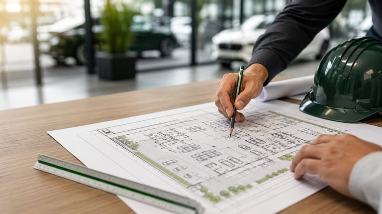 Architect reviewing building blueprints on wooden table with green hard hat nearby