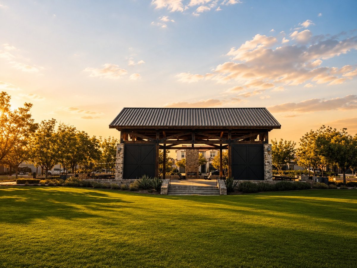 Modern black pavilion with metal roof in a manicured park at sunset, surrounded by green lawns and trees