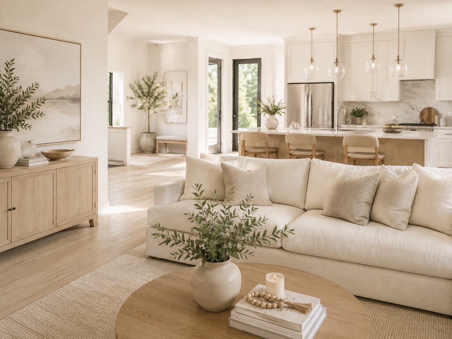 Bright, minimalist open-concept home with cream sofa, natural wood furniture, and neutral tones throughout living and kitchen areas