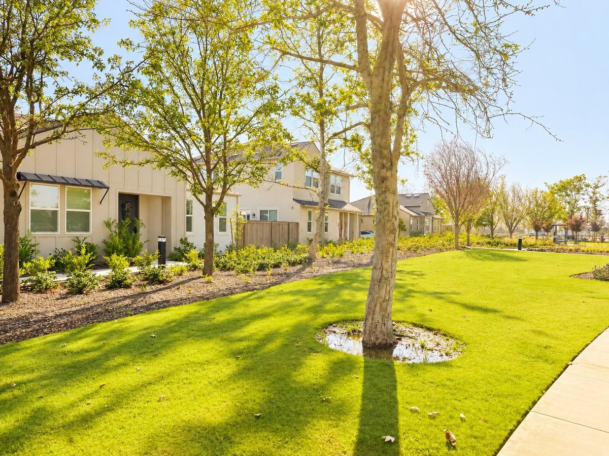 Modern suburban neighborhood with single-family homes, green lawns, and mature trees