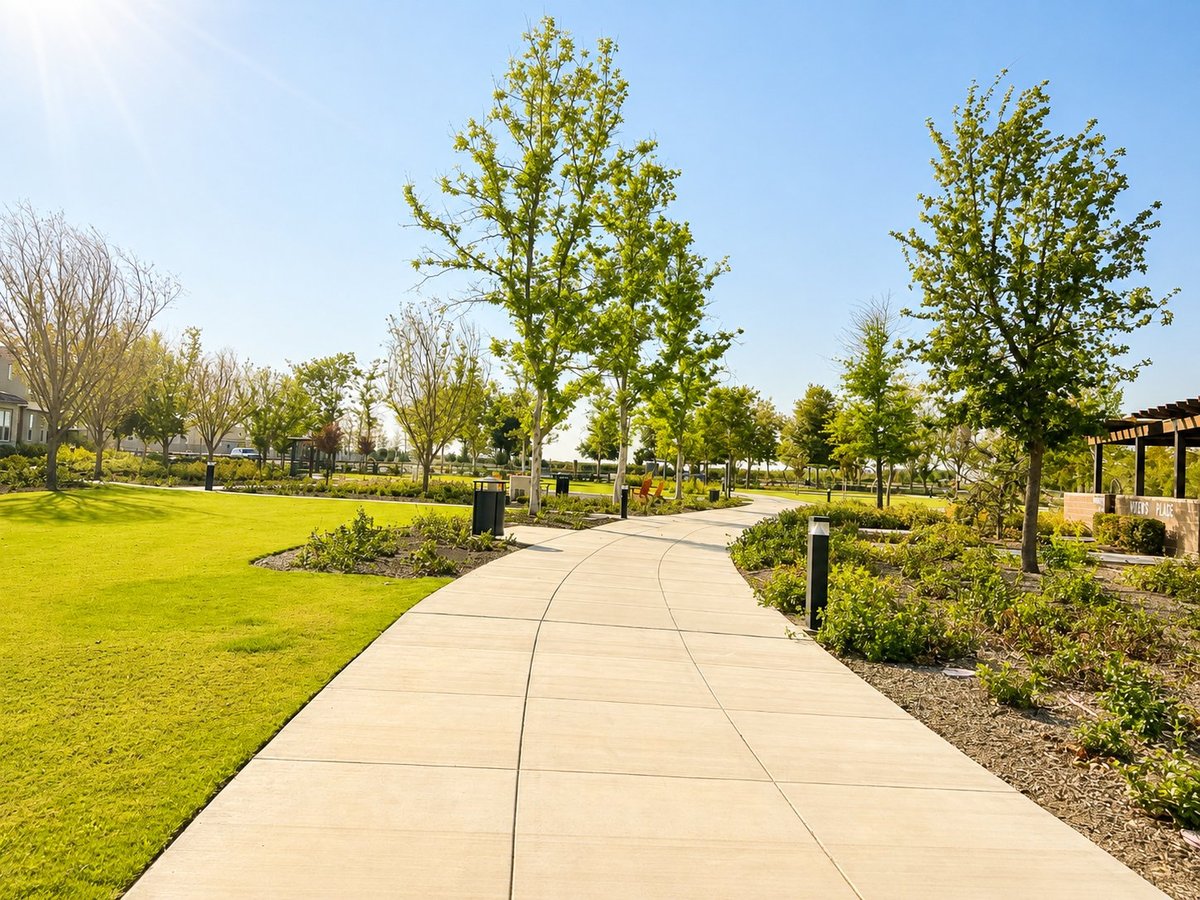 Paved pathway winding through sunny park with green grass and young trees