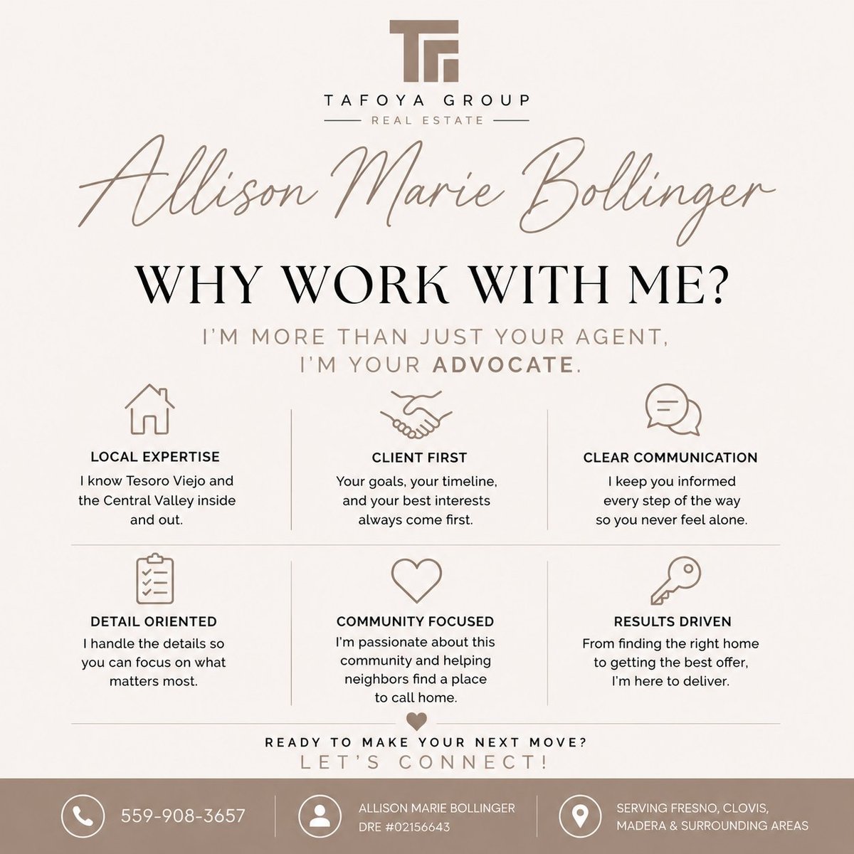Six reasons to work with Allison Marie Bollinger: Local Expertise, Client First, Clear Communication, Detail Oriented, Community Focused, Results Driven