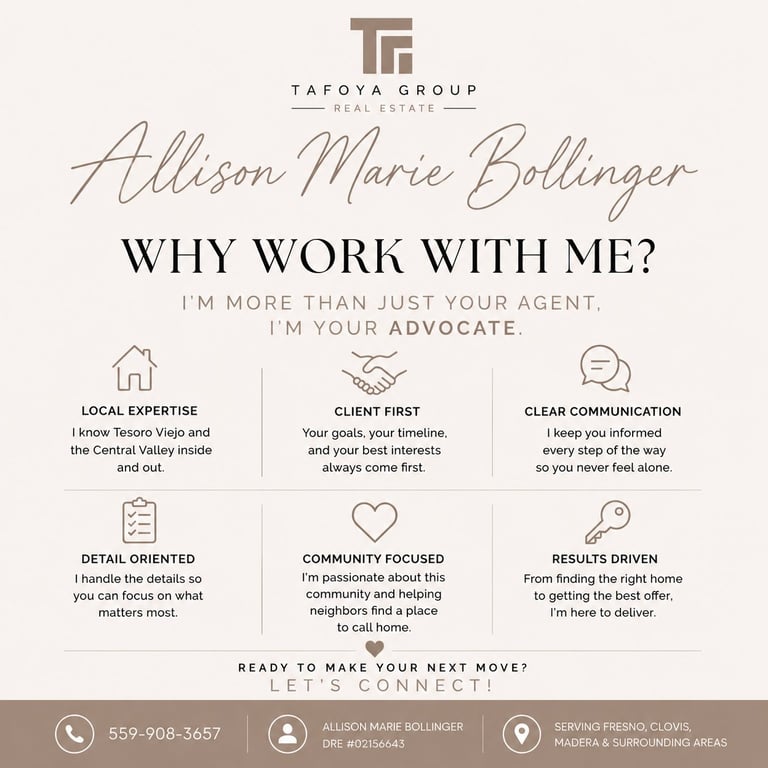 Allison Marie Bollinger with six reasons to work with her: local expertise, client first, clear communication, detail oriented, community focused, results driven