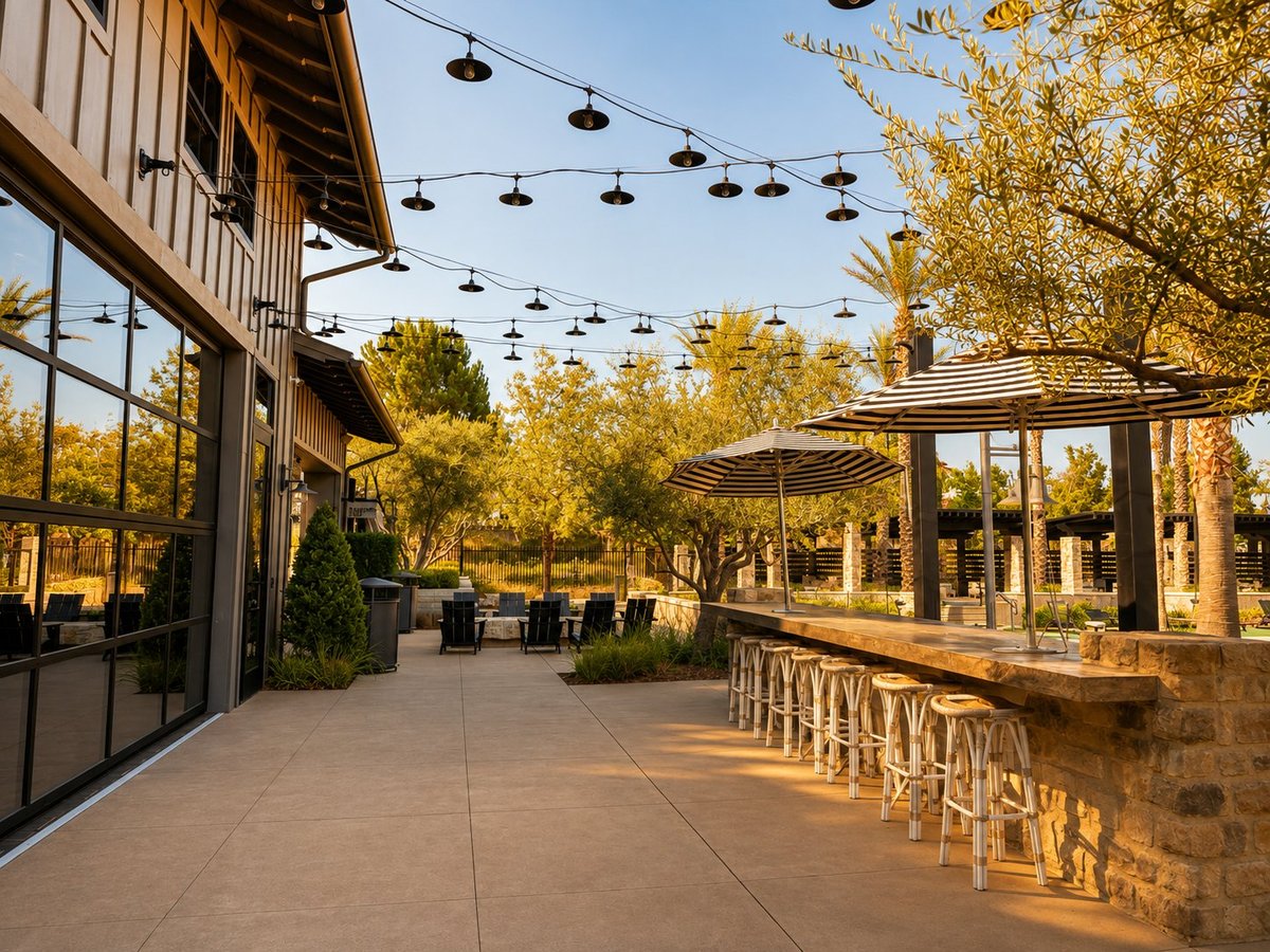 Outdoor patio with hanging pendant lights, wooden pergolas, brick paving, and trees creating a modern gathering space