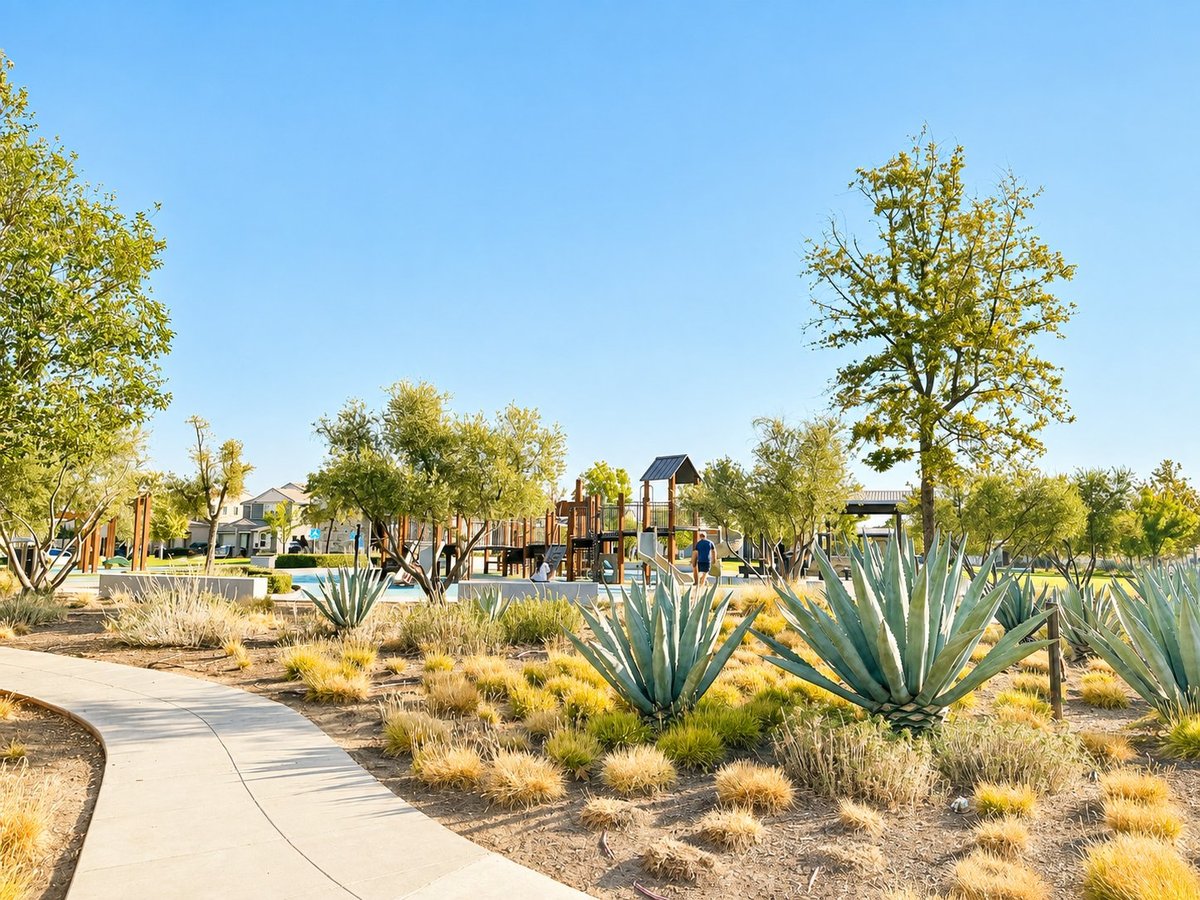 Desert landscape playground with concrete pathway, agave plants, dry grasses, and wooden play structures under clear blue sky
