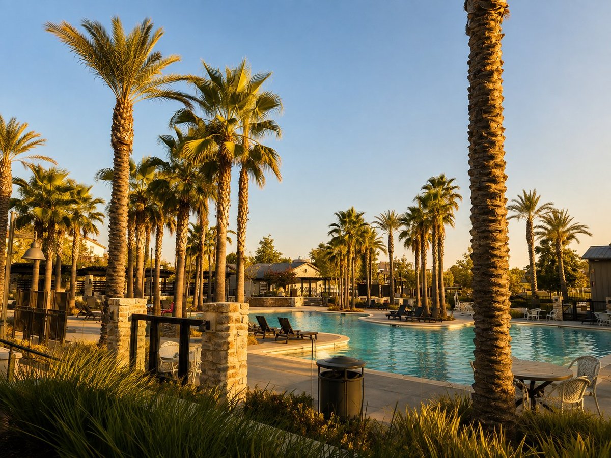 Luxury resort pool surrounded by tall palm trees with clear blue water and stone architecture at sunset