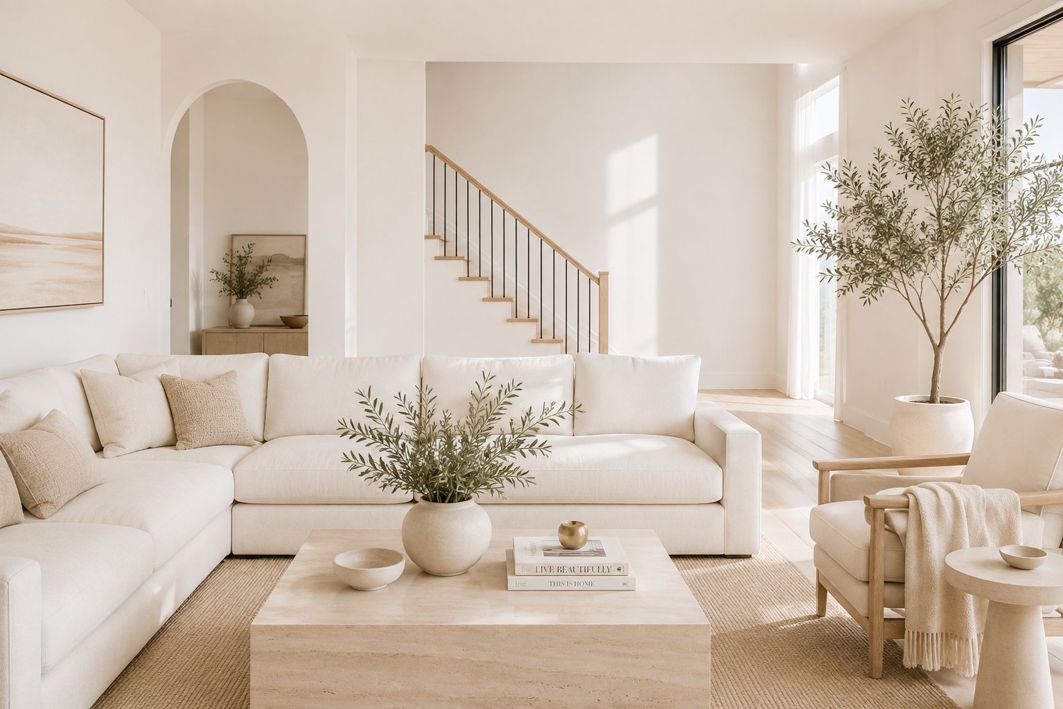 Bright minimalist living room with white sofa, light wood coffee table, arched niche, staircase, potted plants, and neutral decor