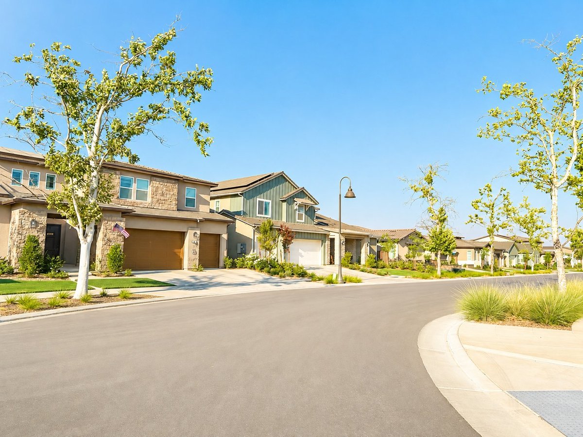 New suburban neighborhood street lined with two-story homes and young trees on a clear sunny day