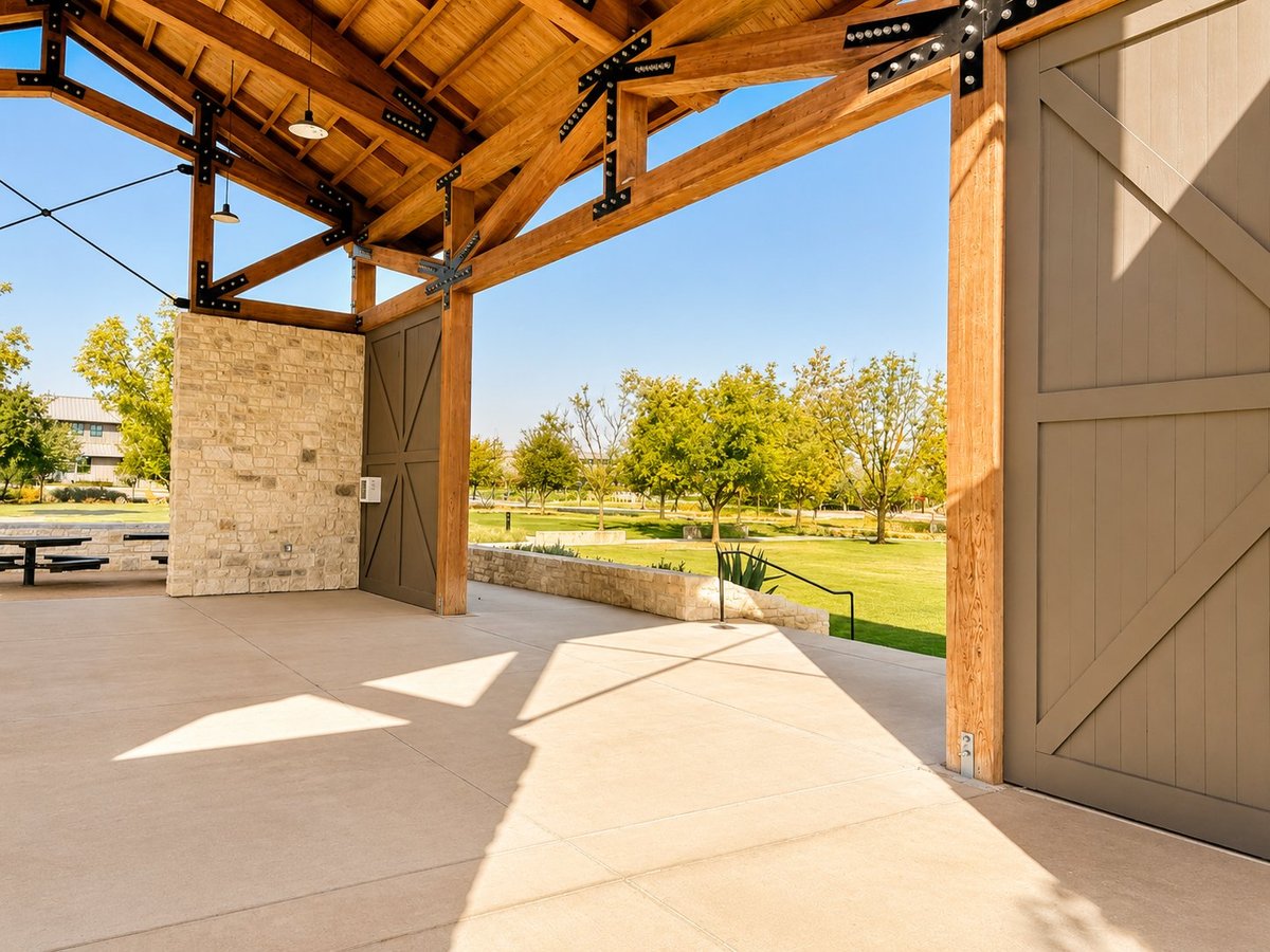 Open-sided wooden pavilion with concrete floor overlooking a manicured green lawn and mature trees