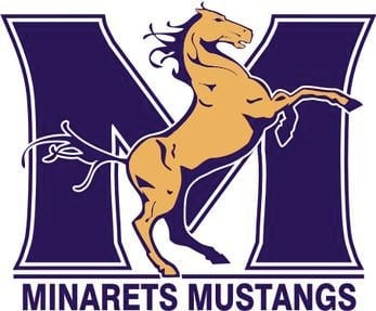 Minarets Mustangs logo — gold rearing mustang in front of a purple M with 'MINARETS MUSTANGS' wordmark