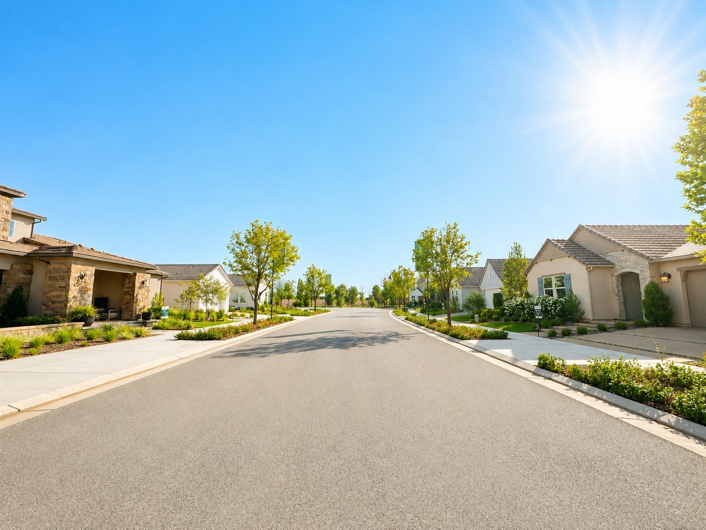 Quiet suburban residential street lined with large homes, green lawns, and mature trees under clear sunny skies