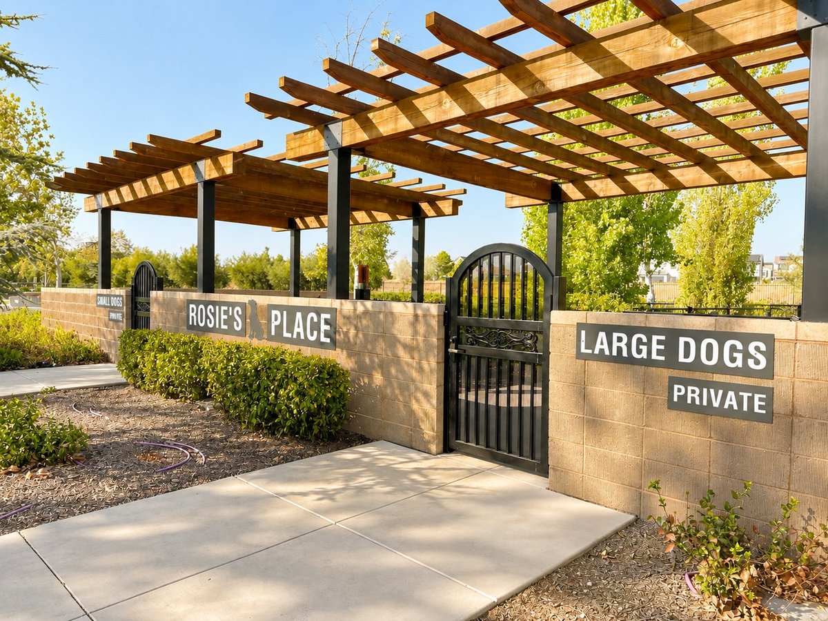 Entrance to Rosie's Place private dog park with wooden pergola, brick walls, and black metal gate