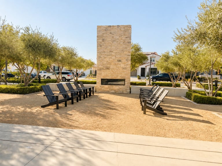 Public plaza at Tesoro Viejo with a stone outdoor fireplace, rows of black lounge chairs, and surrounding olive trees